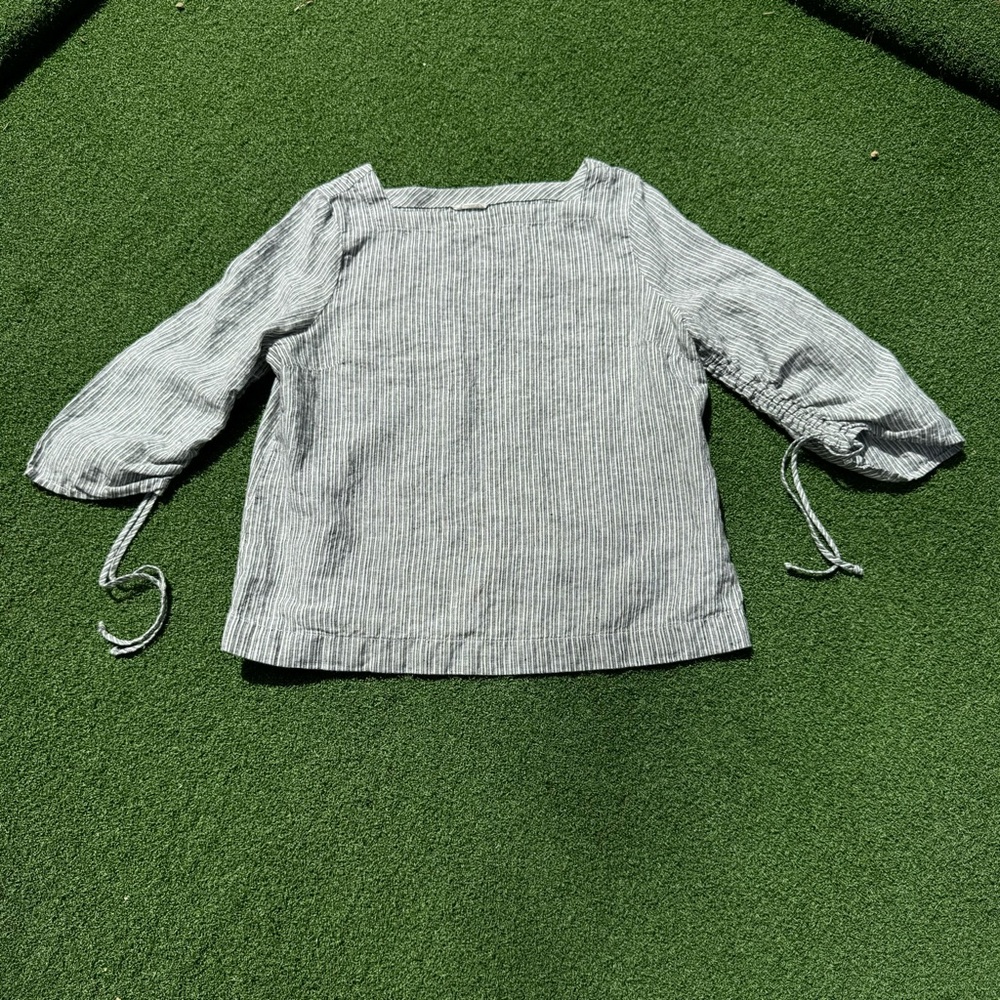 Caslon 100%‎ Linen Pinstriped 3/4 length tie-sleeve Tunic, EUC